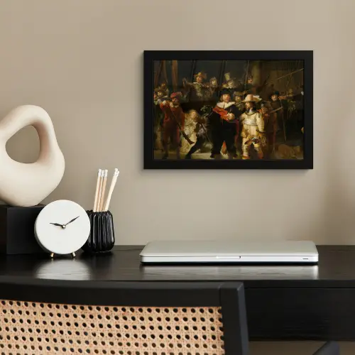 De Nachtwacht - Schilderij van Rembrandt van Rijn fotolijst zwart zonder passe partout klein -sfeer1
