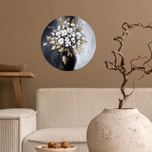 Bloemen - Wit - Vaas - Abstract Wandcirkel behangsticker klein -sfeer1