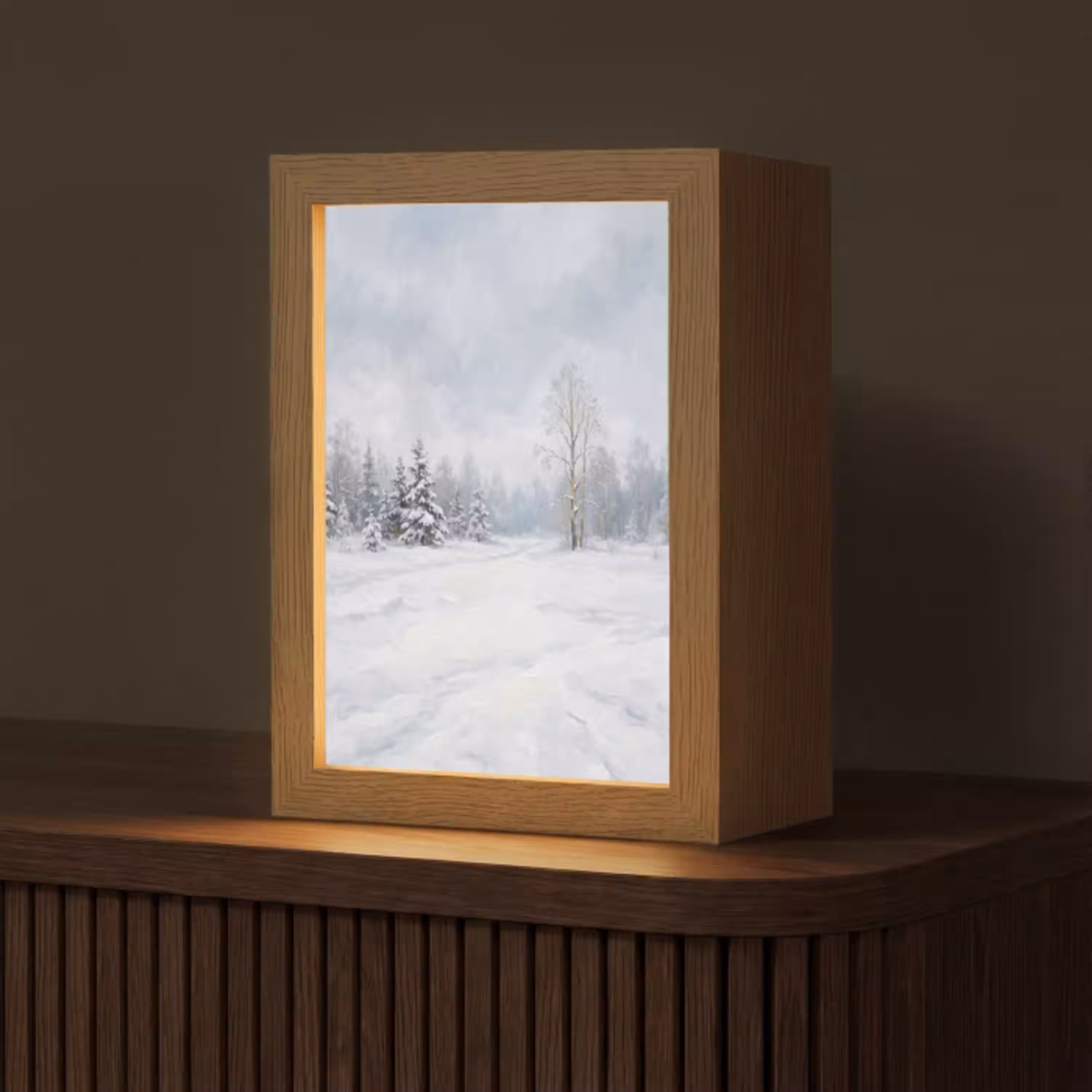 Bospad - Dennen - Sneeuw - Winter - Rustgevend Light Box met kabel (Tafellamp) klein -z3d_website