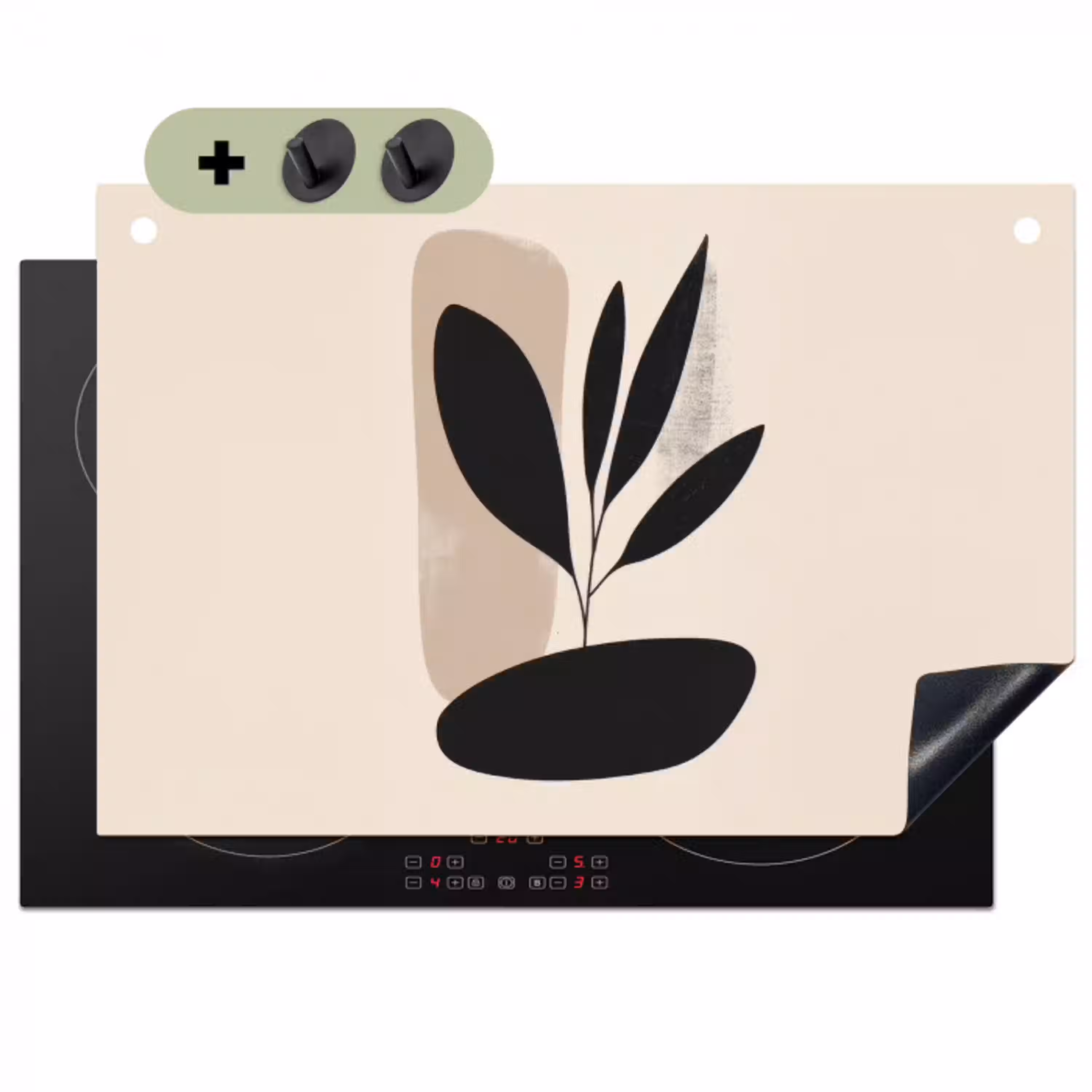 Plant - Beige - Japandi Inductie beschemer met haakjes klein -3d