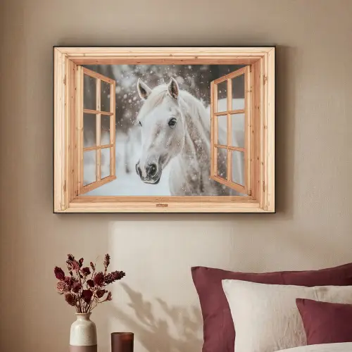 Doorkijk - Paard - Wit - Winter - Sneeuw - Dieren Textielframe zwart klein -sfeer1