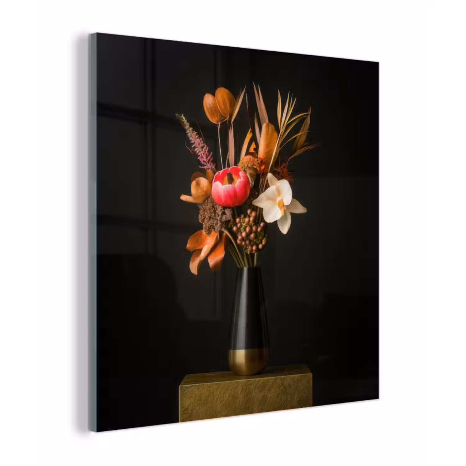Glas schilderij - Boeket - Oranje - Gouden - vaas