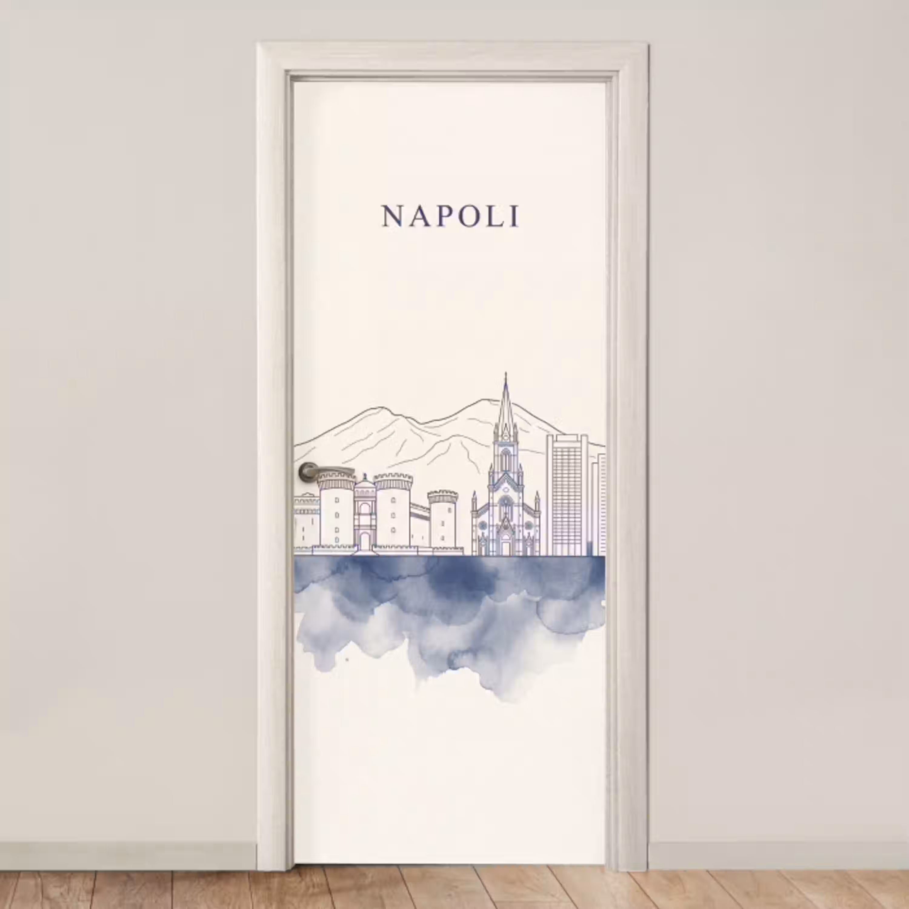 Napels - Skyline - Italie - Lijntekening - Aquarel deurposter klein -3d_beige