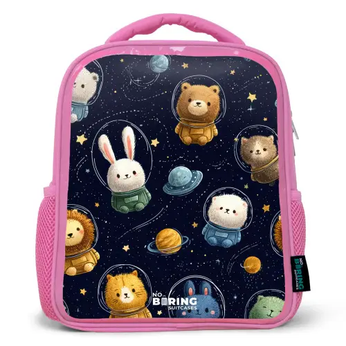 Dieren - Astronaut - Planeten - Sterren Kinderrugzak - Roze middel -3d