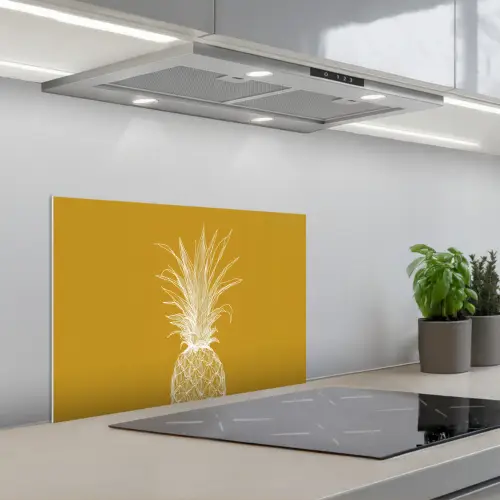 Lijnillustratie - Ananas - Bladkroon - Okergeel keuken achterwand spatscherm klein -3d_schuin