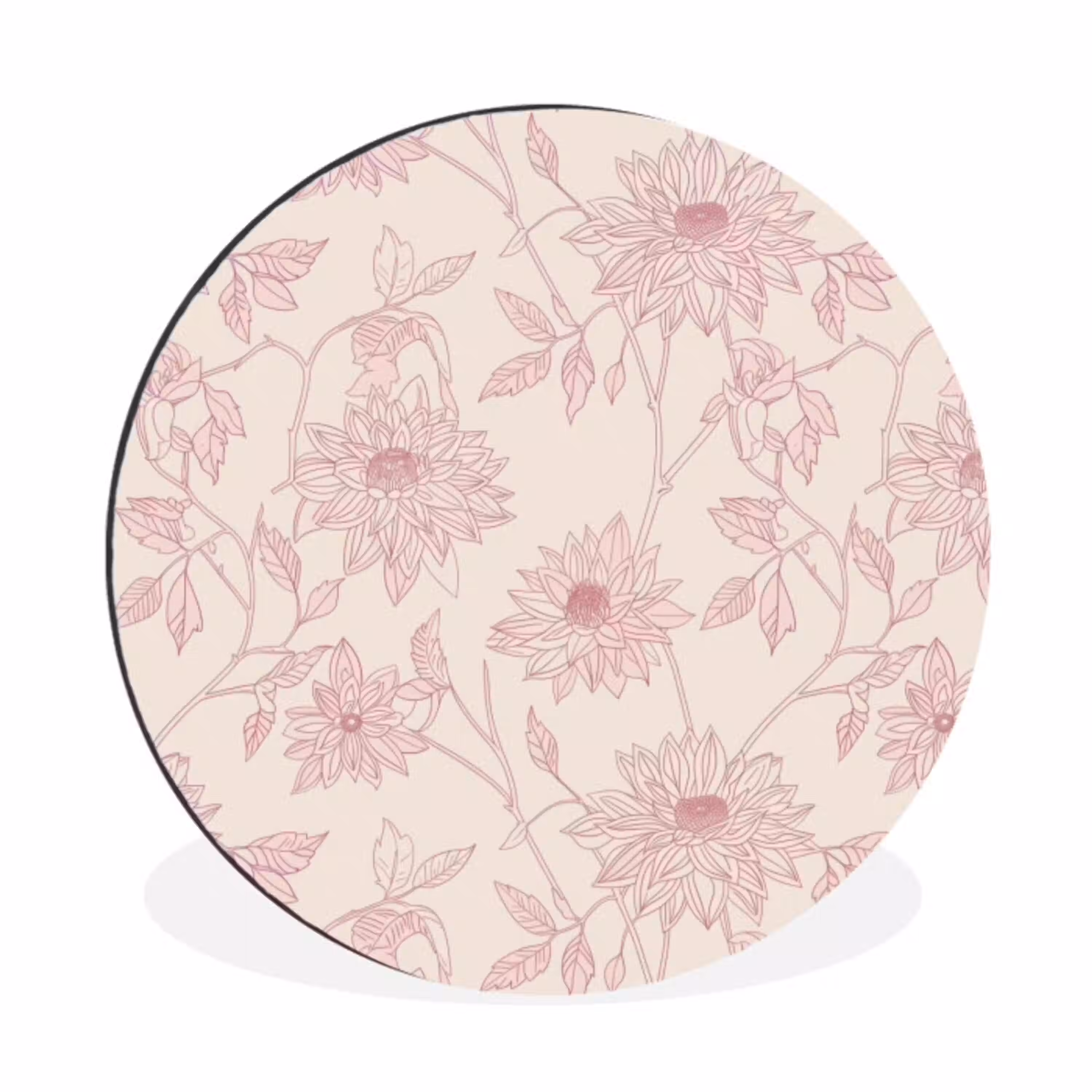 Oudroze - Dahlia's - Lijntekening - Patroon Wandcirkel aluminium klein 190 -3d
