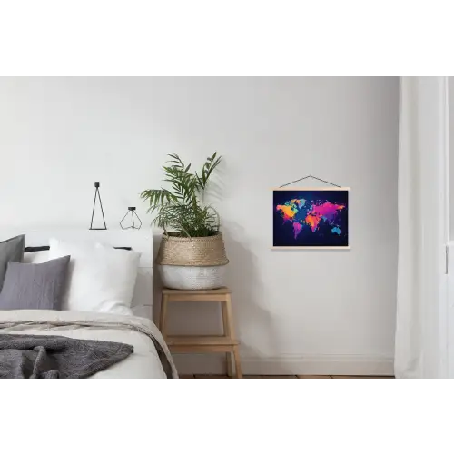 Wereldkaart - Kleurrijk - Graffiti textielposter latten blank klein -woonkamer