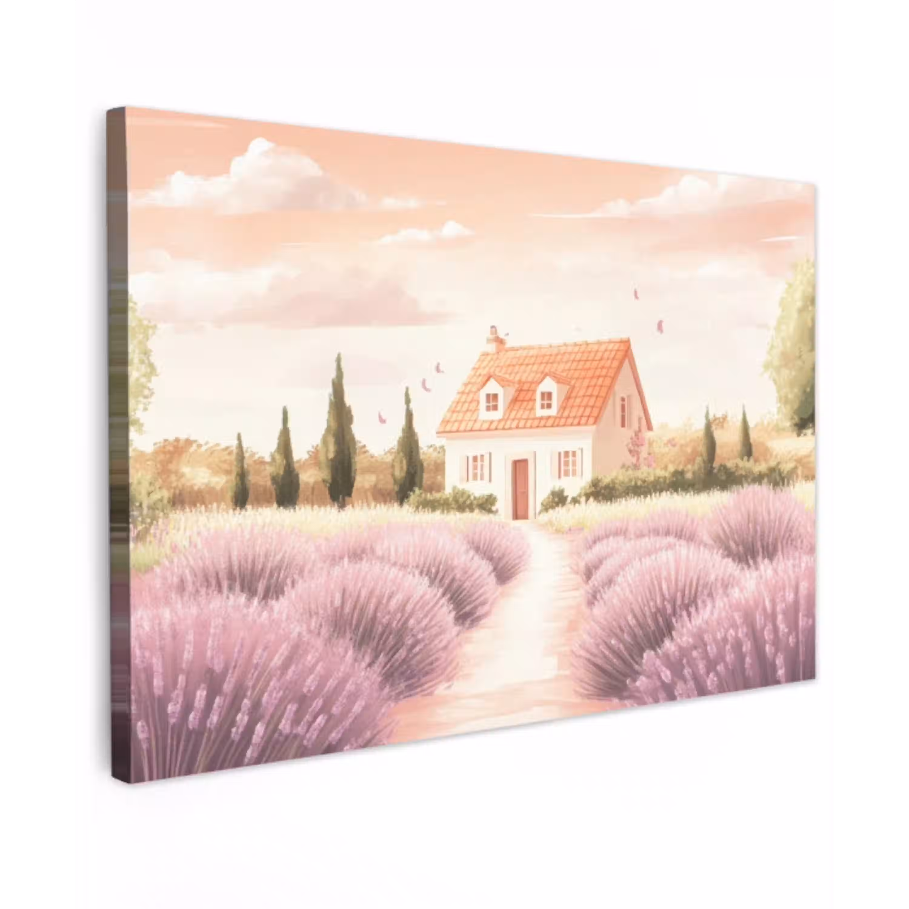 Lavendelveld - Huis - Paars Tuinposter op houten frame 2 cm dik klein -3d