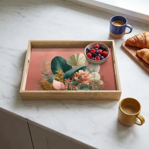 Tropische bladeren - Bloemen - Roze - groen Dienblad Rechthoek middel -sfeer2