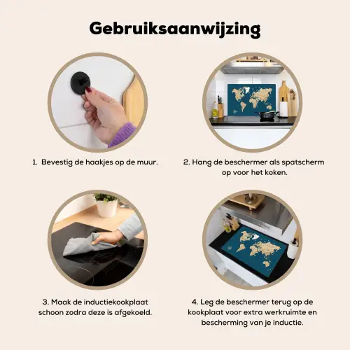 Wereldkaart - Donkerblauw - Beige Inductie beschemer met haakjes klein -ky-gebruik-nl