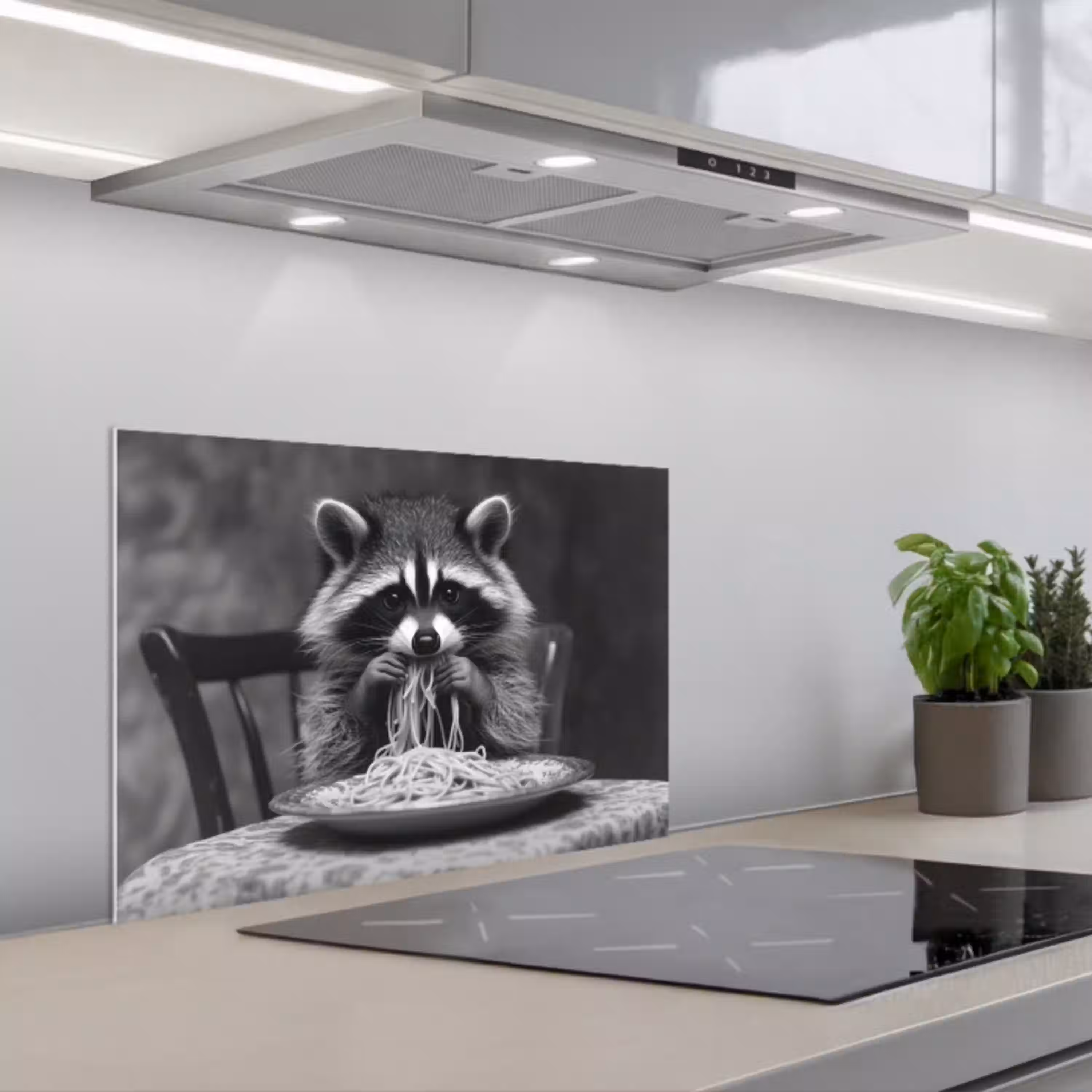 Wasbeer - Cute - Pasta - Tafelkleed - Zwart - Wit keuken achterwand spatscherm klein -3d_schuin