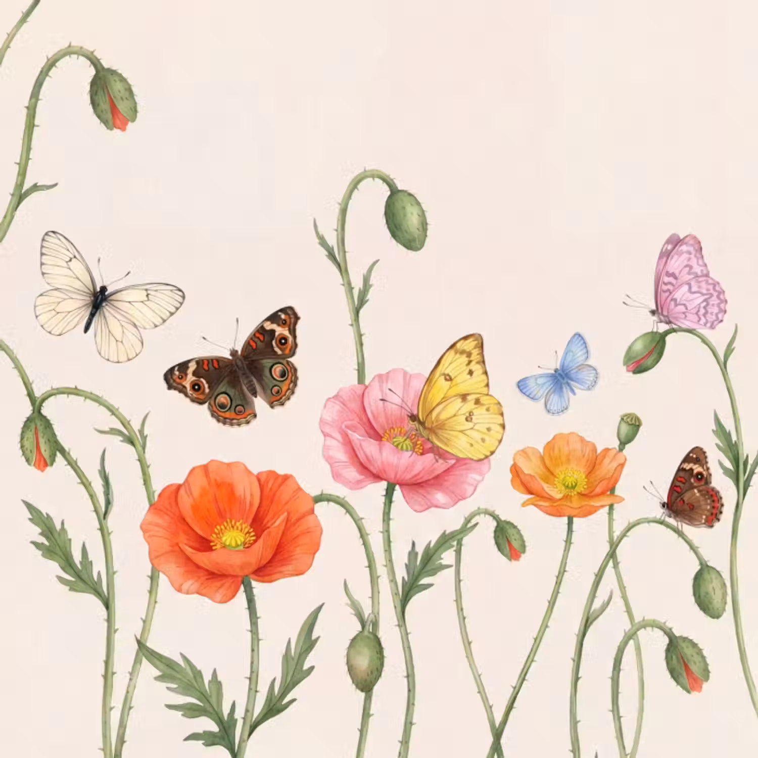 Behang - Vlinders - Klaprozen - Illustratie - Kleurrijk