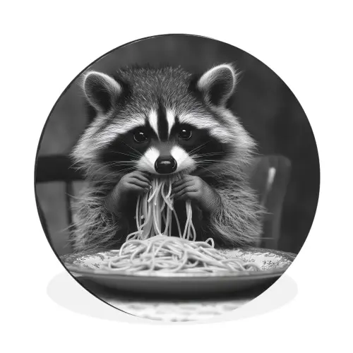 Wasbeer - Cute - Pasta - Tafelkleed - Zwart - Wit Wandcirkel aluminium klein -3d