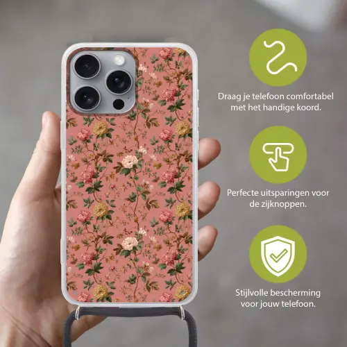 Klassiek - Botanisch - Roze Hoesje iPhone 16 Pro Max met koord klein 804 -sfeer2_NL