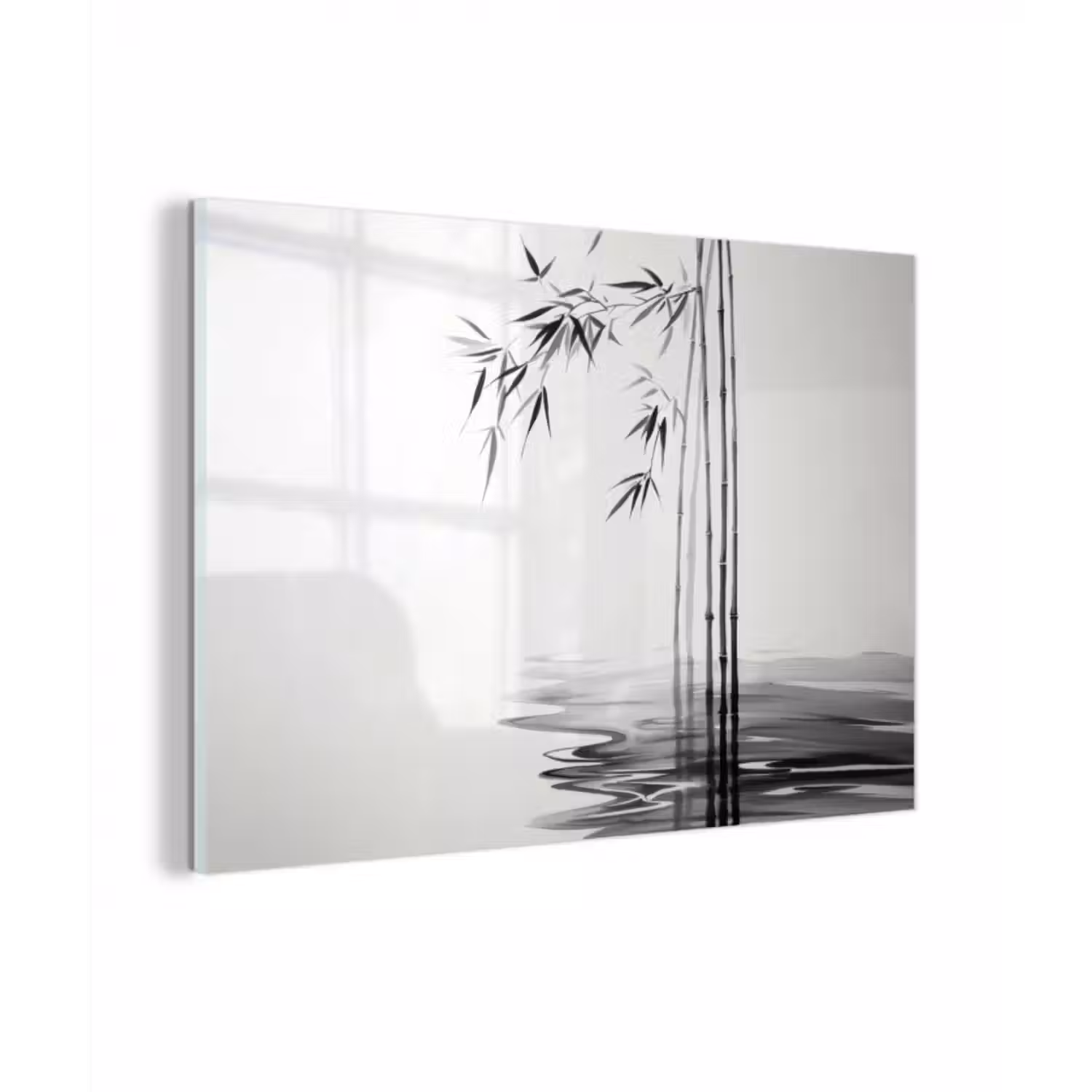 Glas schilderij - Bamboestammen - Water - Minimalistisch - Wit