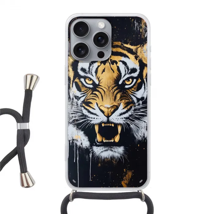 Tijger - Verfspatten - Goud Hoesje iPhone 16 Pro Max met koord klein -3d