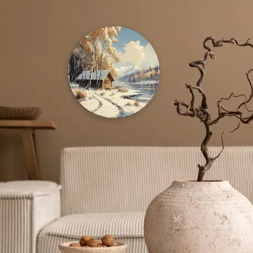 Winter - Sneeuw - Huis - Natuur Wandcirkel kunststof plaat 5mm dik klein -sfeer1