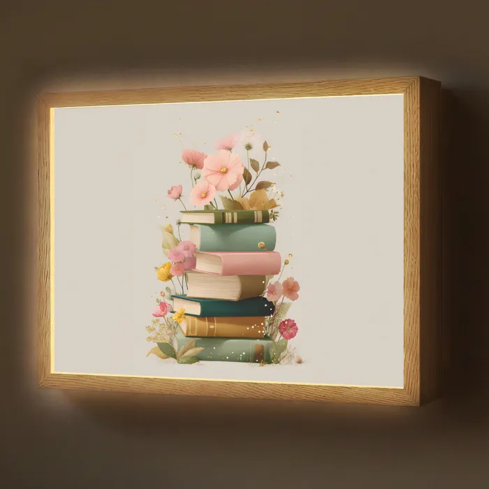 Boeken - Stapel - Bloemen - Kleurrijk Light Box met batterij (Wandlamp) middel -z3d_website