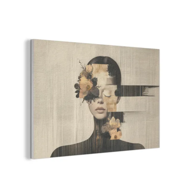 Akoestisch schilderij - Gezicht - Bloemen - Zwart - Vrouw