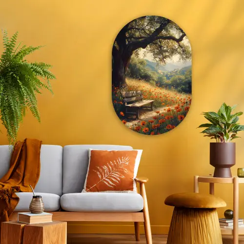 Bankje - Boom - Klaprozen - Heuvels Wandcirkel Ovaal Glas middel -sfeer4
