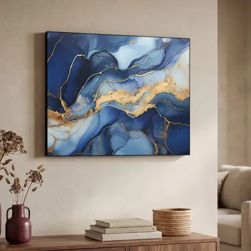 Marmer - Blauw - Goud - Abstract Textielframe zwart klein -sfeer3