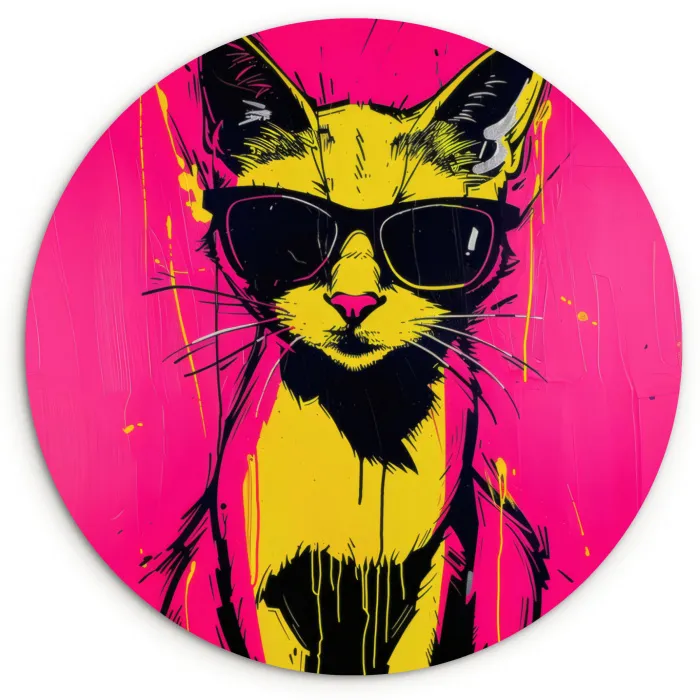 Kat - Art - Zonnebril - Roze Wandcirkel kunststof plaat 5mm dik klein -3d