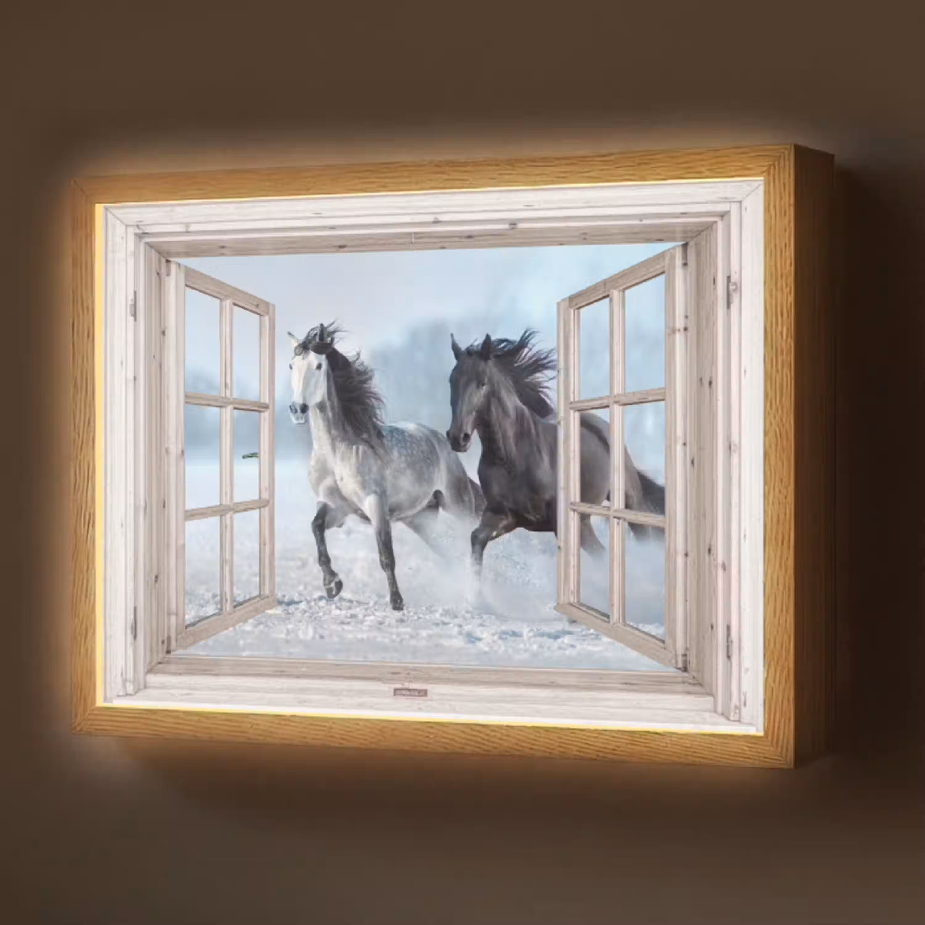 Doorkijk - Paarden - Winter - Dieren - Natuur - Wit Light Box met batterij (Wandlamp) middel -z3d_website
