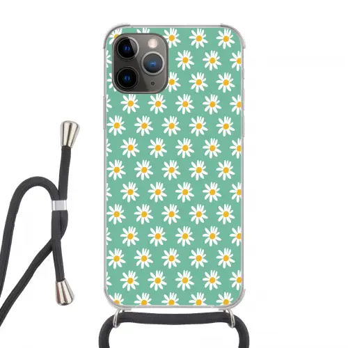 Madeliefjes - Patroon - Groen - Bloemen Hoesje iPhone 12 Pro met koord klein -3d