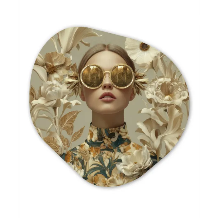 Vrouw - Bloemen - Zonnebril - Wit Wandcirkel Organisch Forex 3mm klein -3d