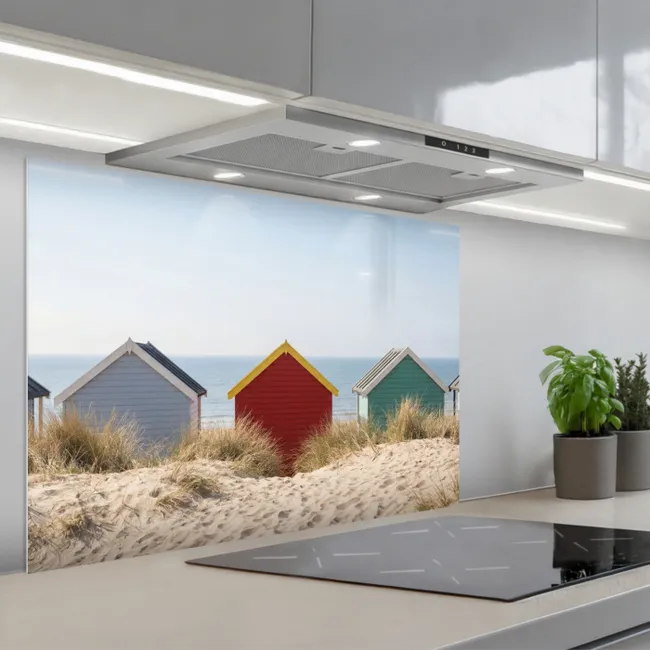 Spatscherm keuken - Strand - Huisjes - Kleurrijk - Duinen