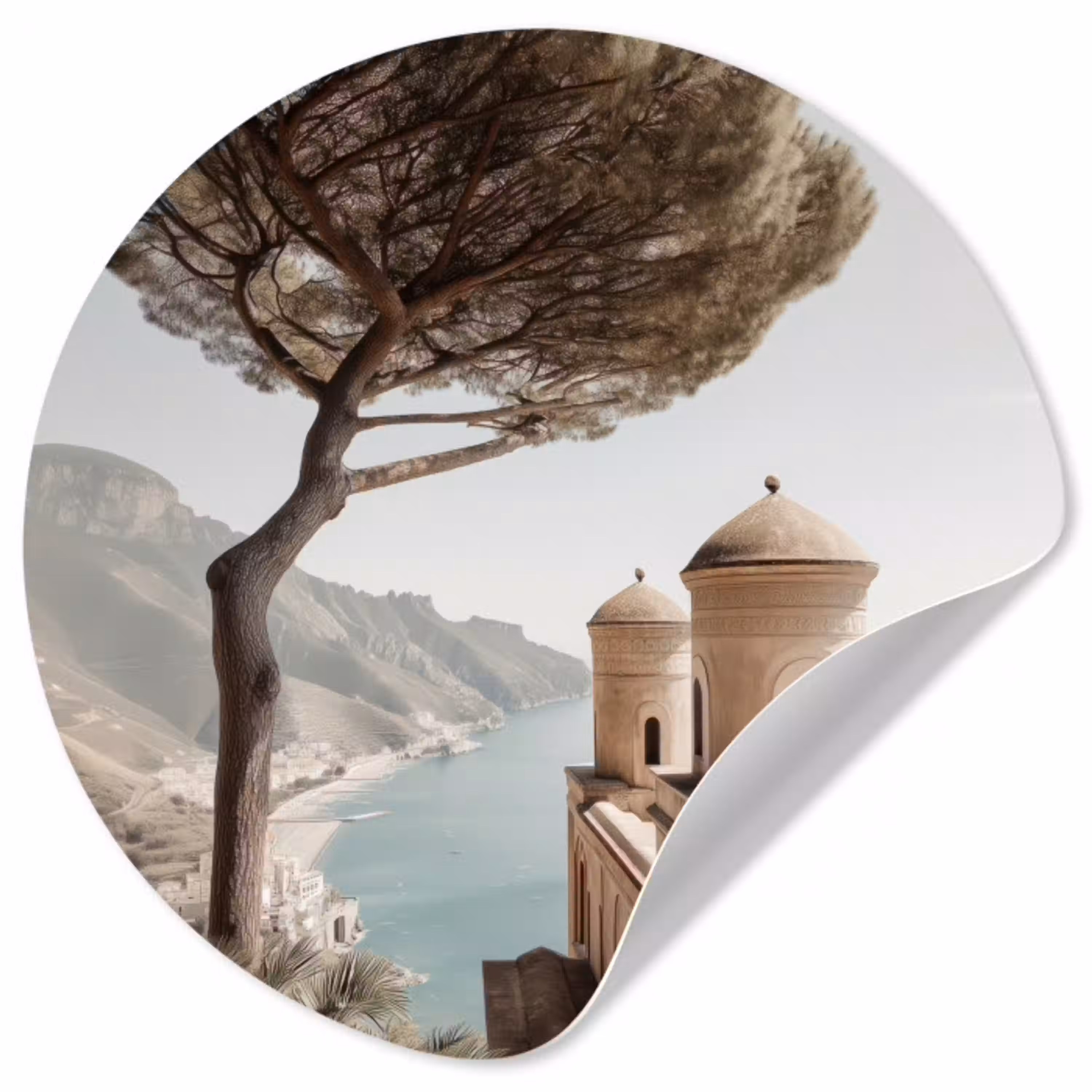 Kust - Klif - Boom - Gebouw Wandcirkel behangsticker klein -3d