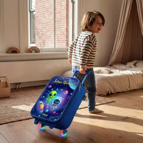 Vrolijke Ontmoeting in de Ruimte Kinderkoffer - Blauw klein -sfeer1