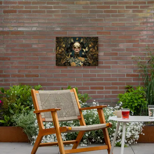 Vrouw - Bladeren - Goud - Vlinders Tuinposter op houten frame 2 cm dik klein -sfeer3