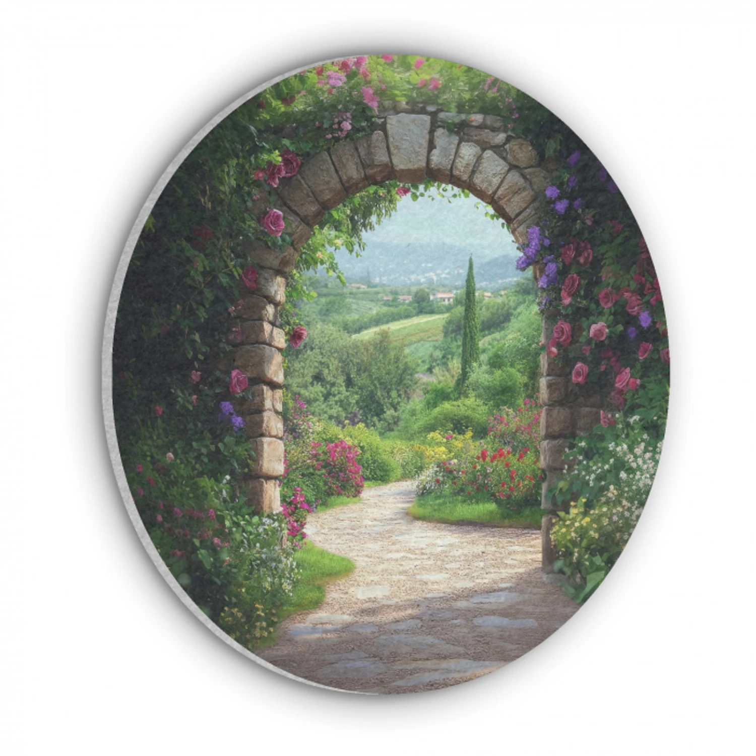 Doorkijk - Landschap - Bloemen - Pad - Uitzicht Akoestische PET Vilt - Rond klein -3d