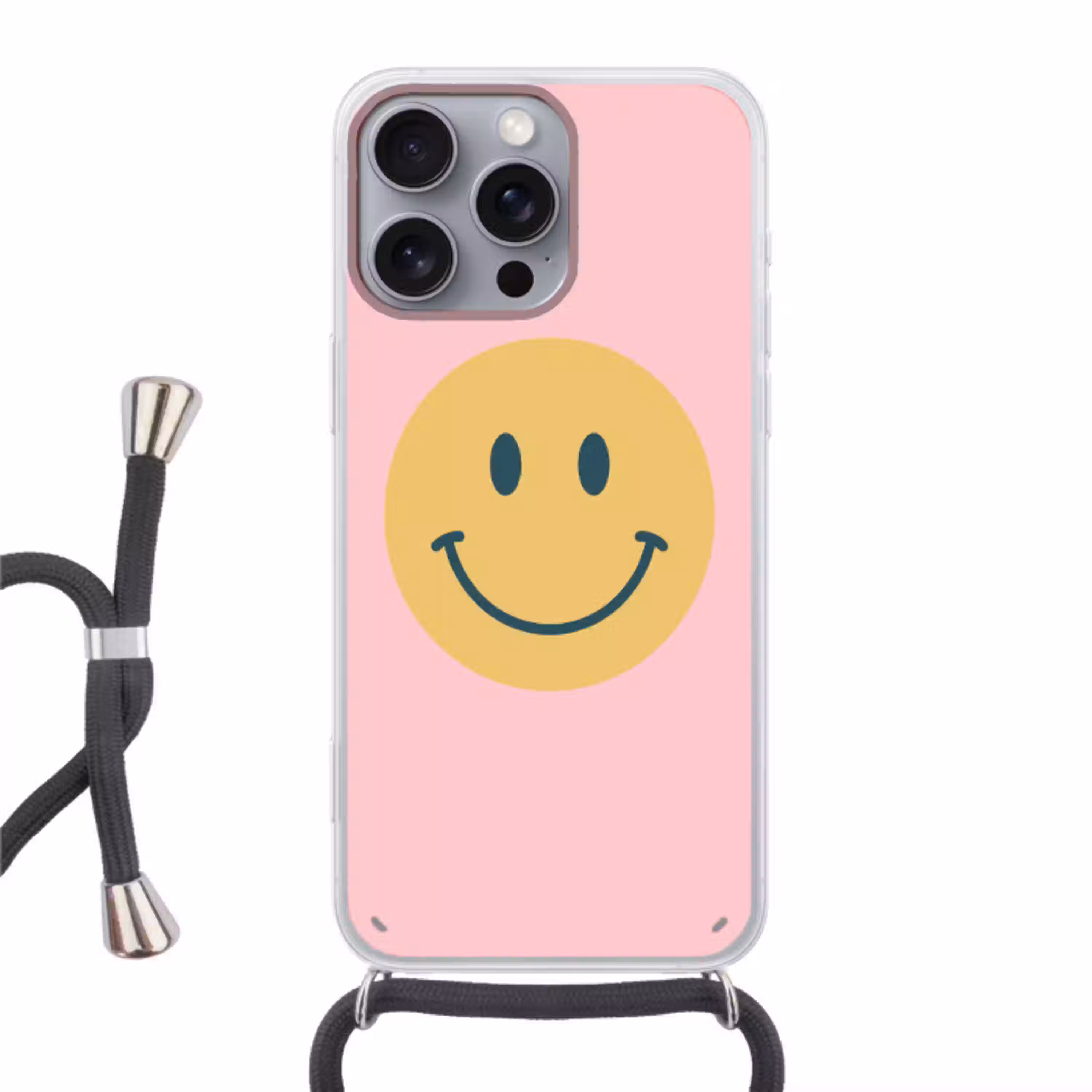 Smiley - Geel - Roze - Symbool - Minimalistisch Hoesje iPhone 16 Pro Max met koord klein -3d