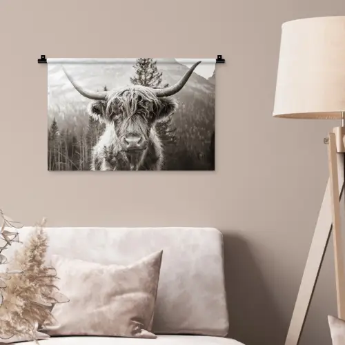 Schotse hooglander - Koe - Dieren - Zwart - Wit Wandkleed katoen klein -sfeer4