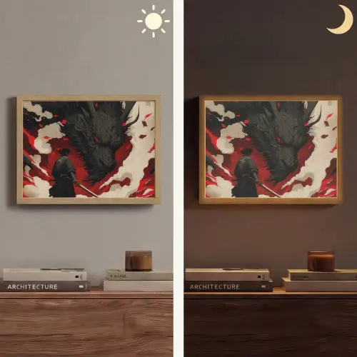 Krijger - Draak - Zwart - Rood - Rook Light Box met batterij (Wandlamp) middel -sfeer3