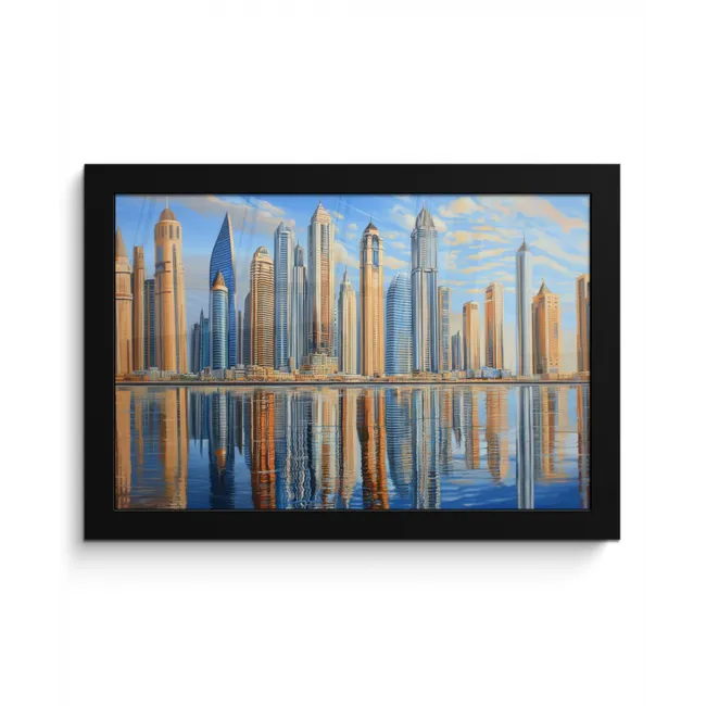 Skyline - Wolkenkrabbers - Water - Blauw fotolijst zwart zonder passe partout klein -3d