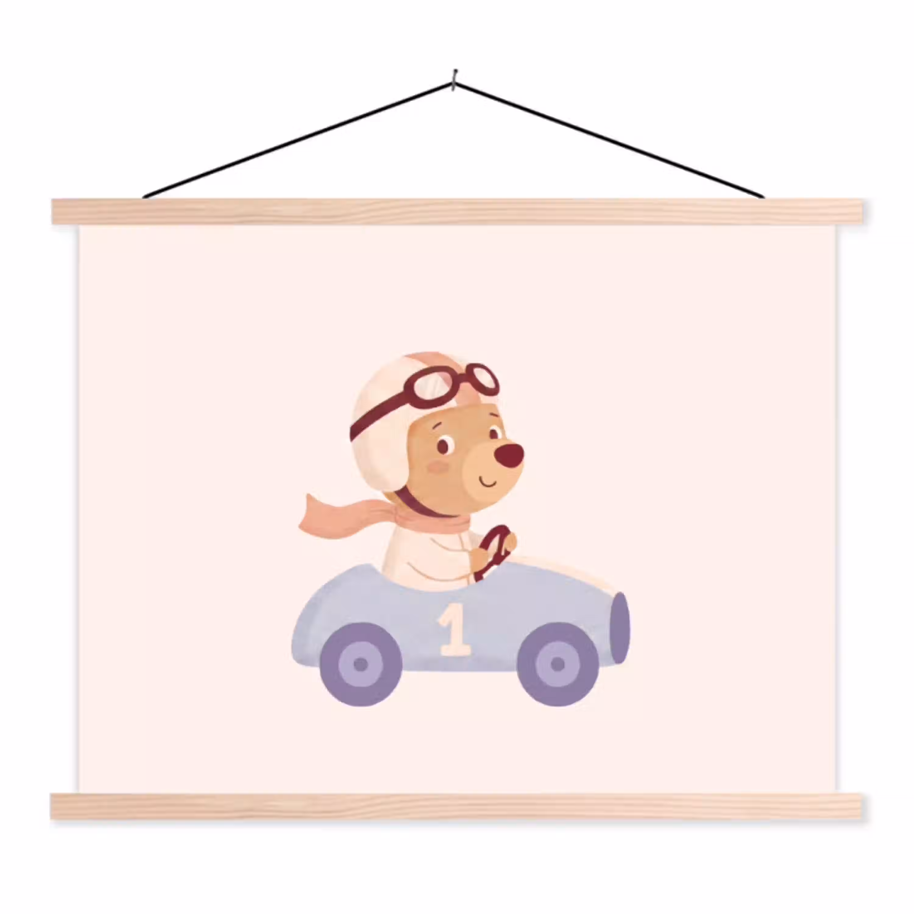 Beer - Auto - Kinderkamer - Cartoon - Speels textielposter latten blank klein -3d