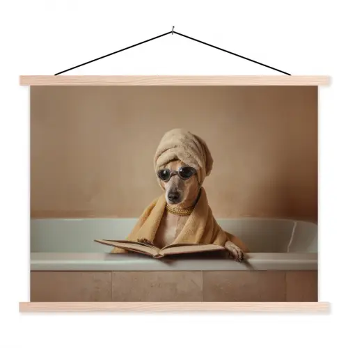 Bad - Hond - Boek - Zonnebril textielposter latten blank klein -3d