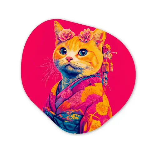 Kat - Kimono - Bloemen - Roze Wandcirkel Organisch Plexiglas middel -3d
