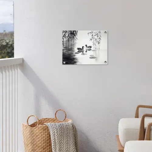 Eenden - Waterlelies - Riet - Zwart tuinposter los doek klein -sfeer8
