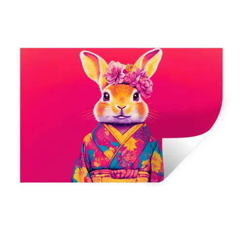 Konijn - Bloemen - Kleurrijk - Kimono Muursticker klein -3d