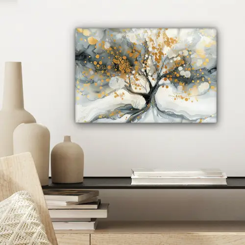 Boom - Modern - Abstract - Goud - Zwart - Wit canvas 2cm klein -sfeer6