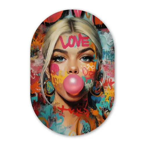 Vrouw - Kauwgom - Graffiti - Love Wandcirkel Ovaal Forex klein -3d