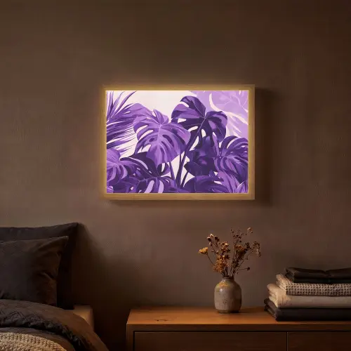 Bladeren - Paars - Tropisch - Abstract Light Box met batterij (Wandlamp) middel -sfeer4