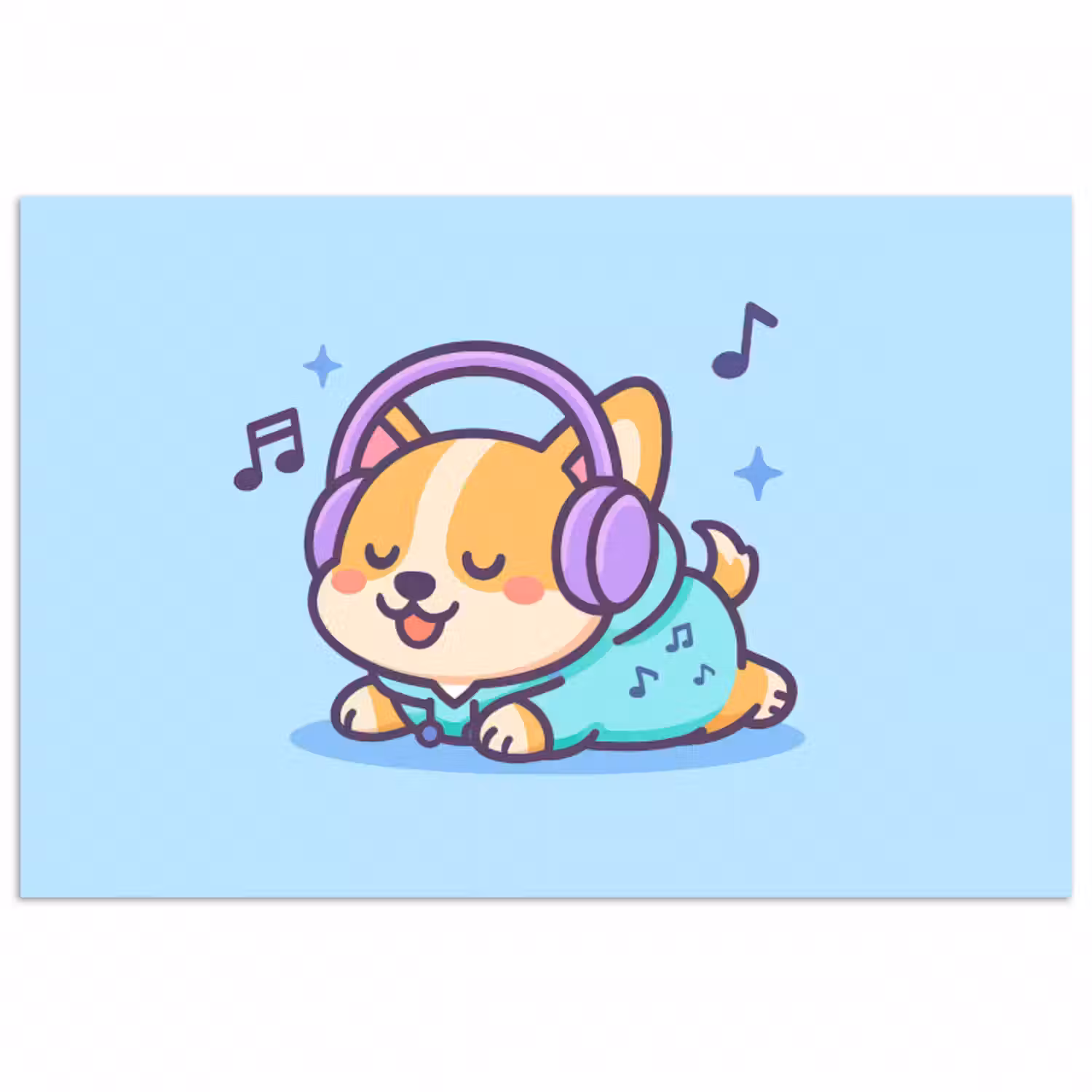 Poster - Corgi - Kopfhörer - Blau - Musikalische Noten