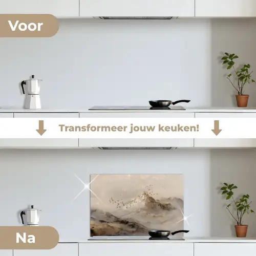 Berglandschap - Mist  - Penseelstreken keuken achterwand spatscherm klein -voor_na_NL