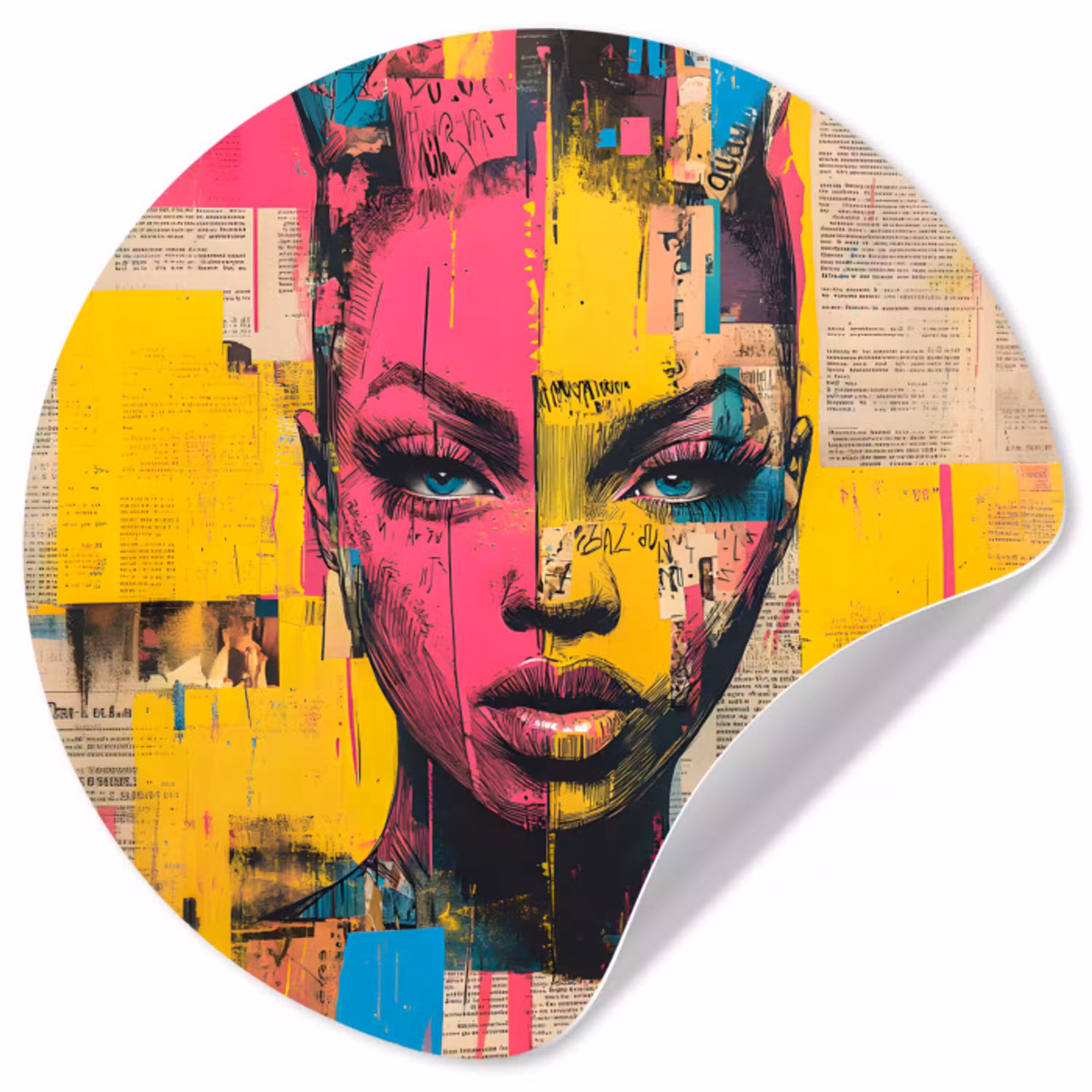 Vrouwengezicht - Krantenpapier - Abstract - Roze Wandcirkel behangsticker klein -3d