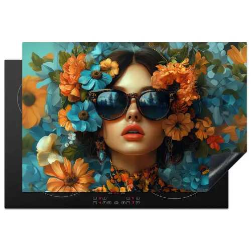 Vrouw - Bloemen - Oranje - Blauw - Modern Inductie beschermer vinyl 3mm klein -3d